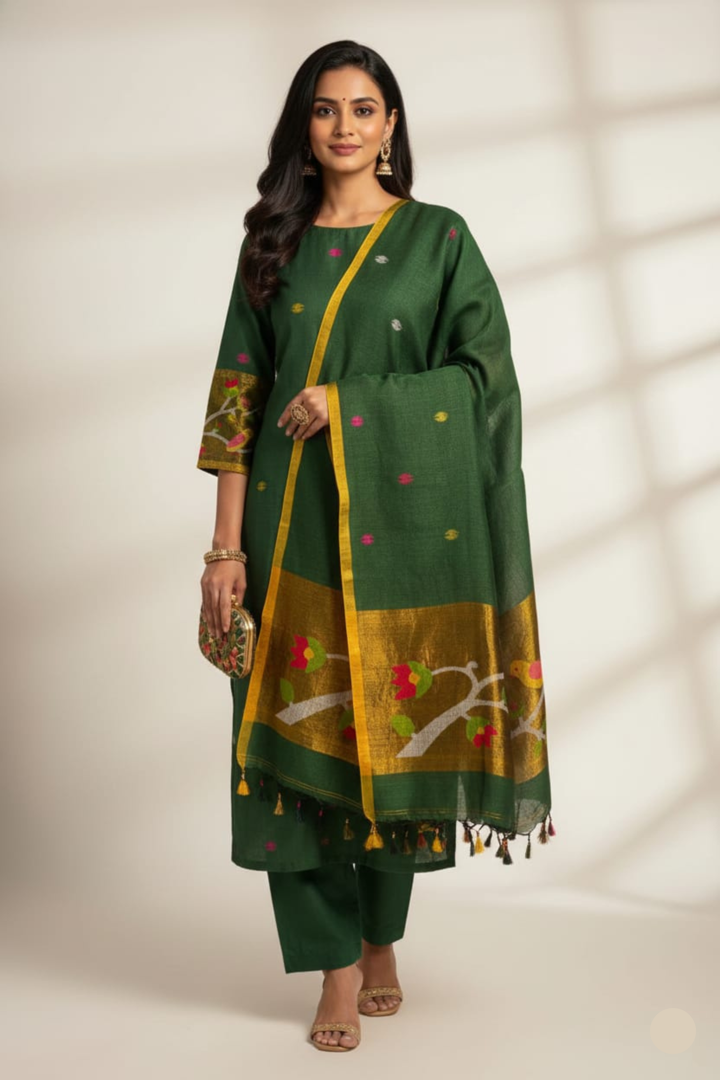Emerald Green Kurta Set with Woven Floral Border Dupatta