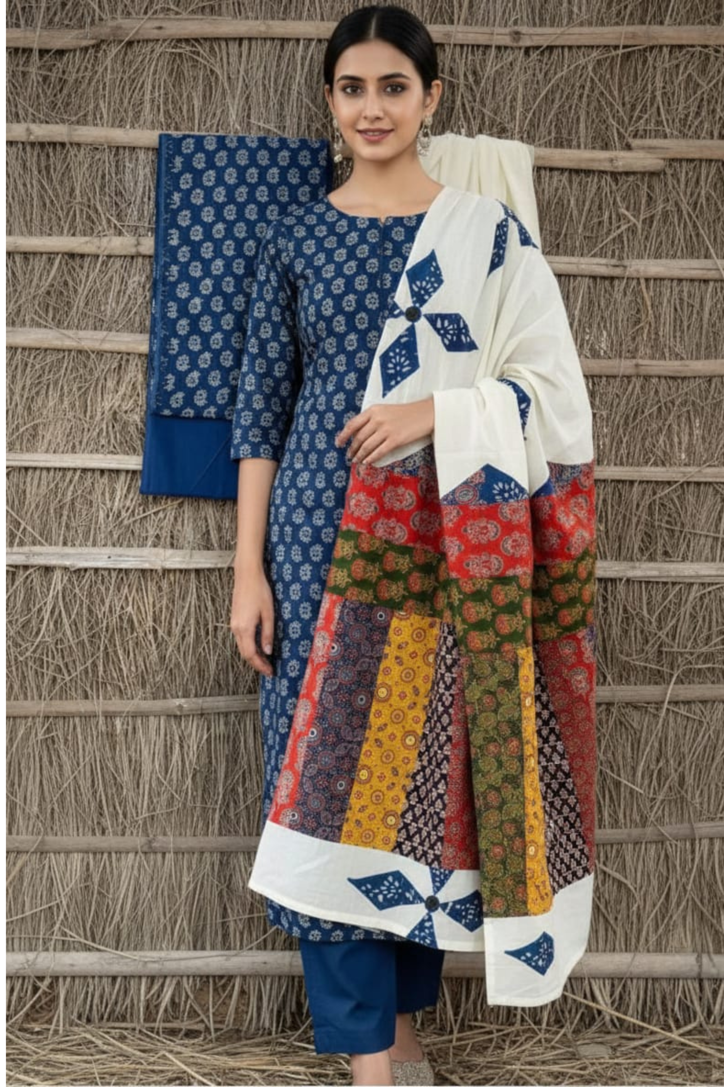 Indigo Printed Kurta Set with Multicolor Patchwork Dupatta