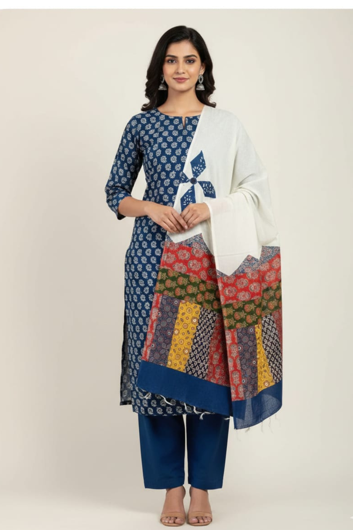 Indigo Printed Kurta Set with Artistic Patchwork Dupatta