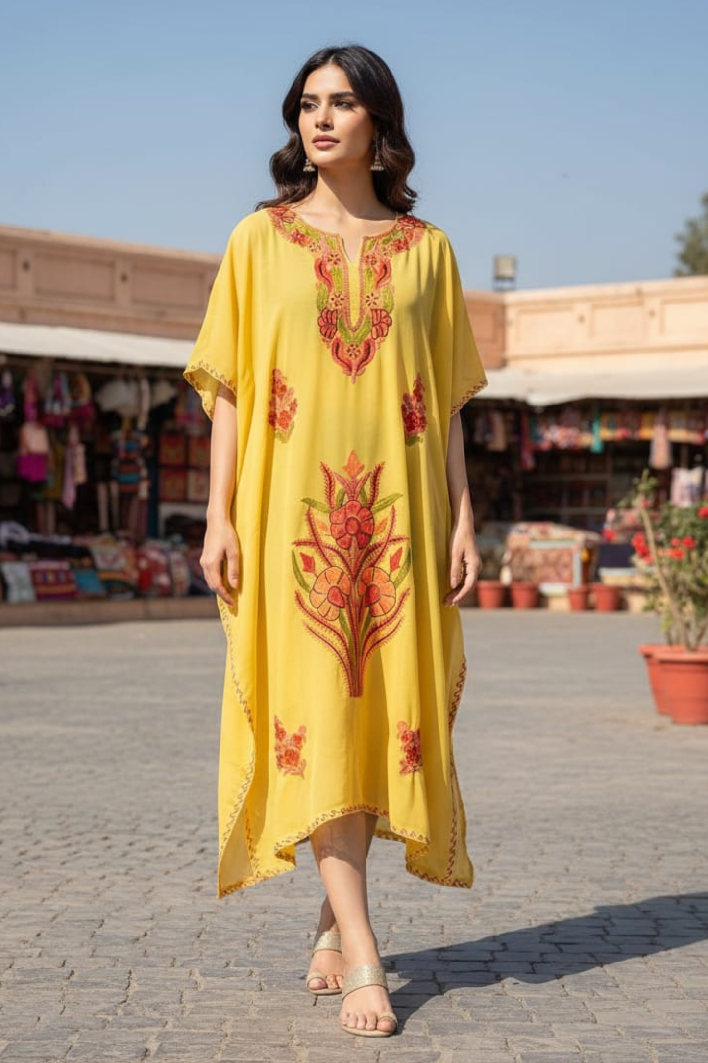 Sunshine Yellow Embroidered Kaftan Midi Dress