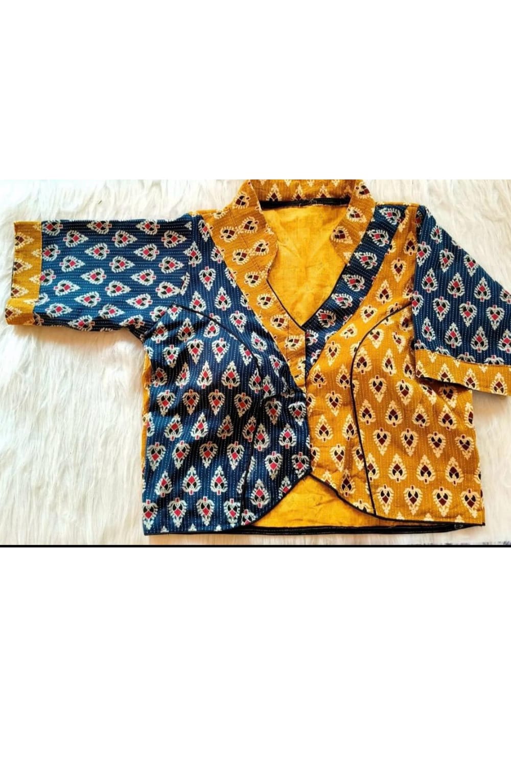 Trendy Mustard & Navy Printed Wrap Style Cotton Blouse for Women