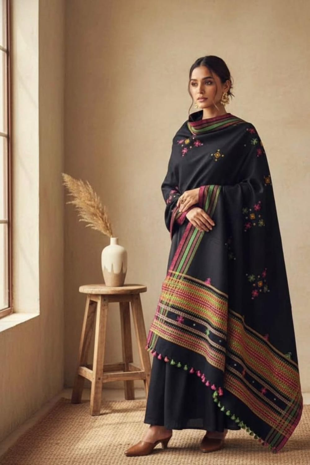 Elegant Black Embroidered Shawl Suit with Multicolor Border