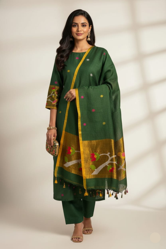 Emerald Green Kurta Set with Woven Floral Border Dupatta