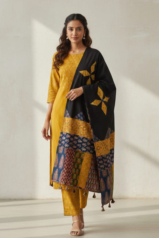 Mustard Kurta Set with Artistic Black Patchwork Dupatta