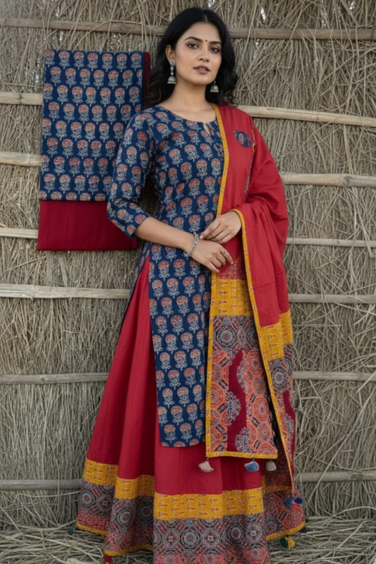 Indigo Floral Kurta Set with Red Skirt & Statement Dupatta