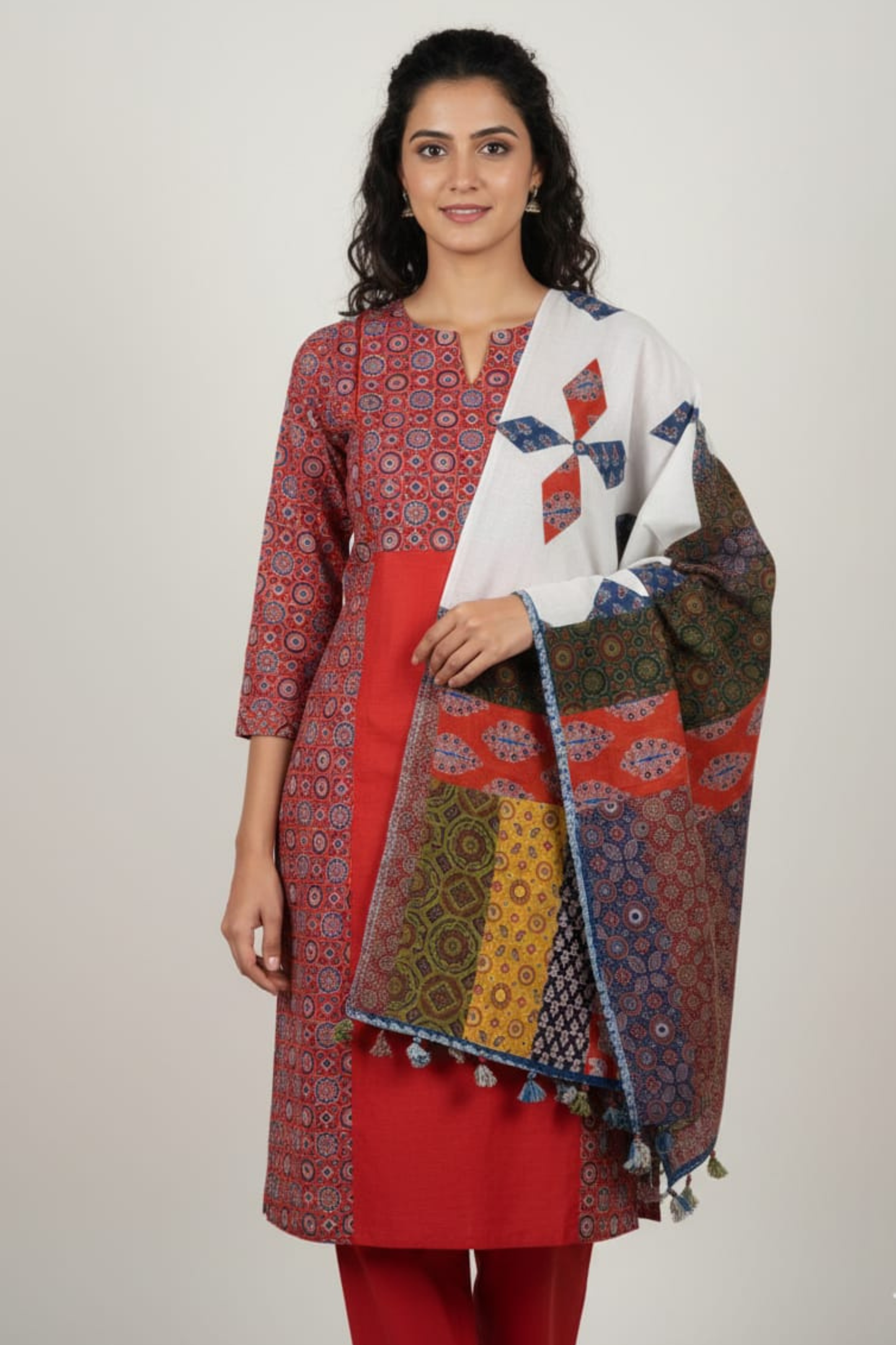 Rust Printed Kurta Set with Statement Patchwork Dupatta