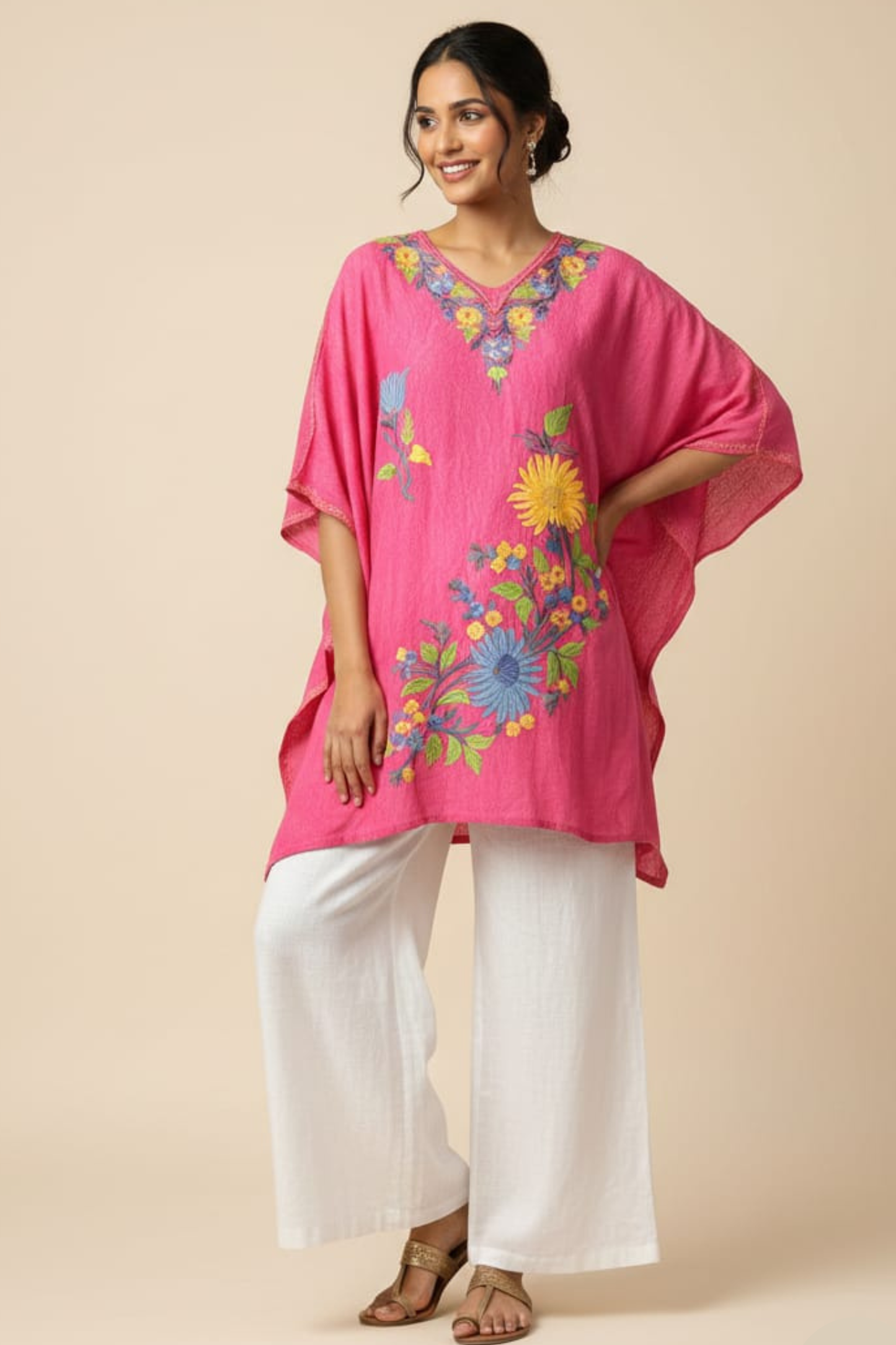 Rani Pink Floral Embroidered Kaftan Top with White Palazzo Pants