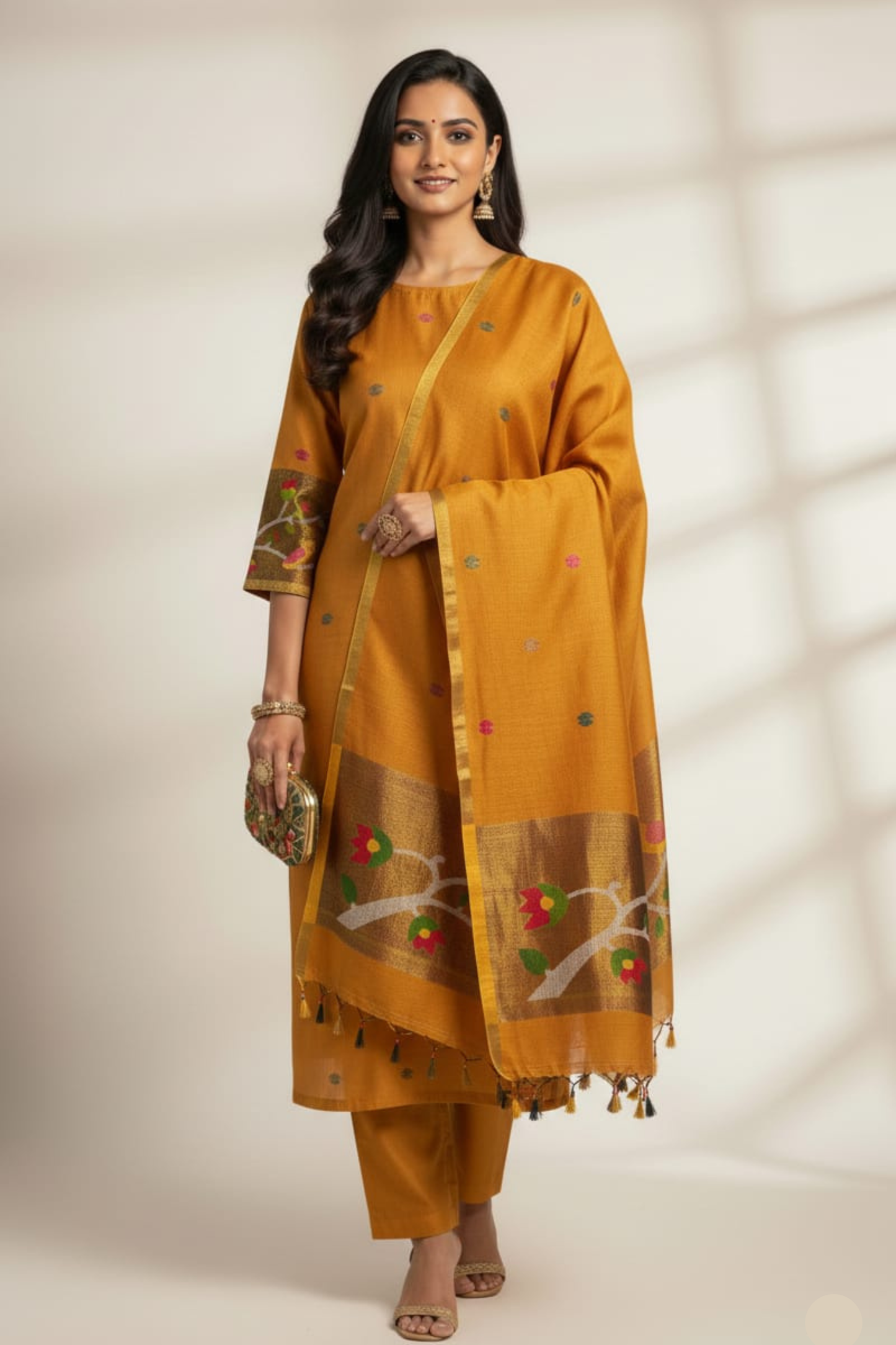Mustard Silk Blend Kurta Set with Floral Woven Dupatta