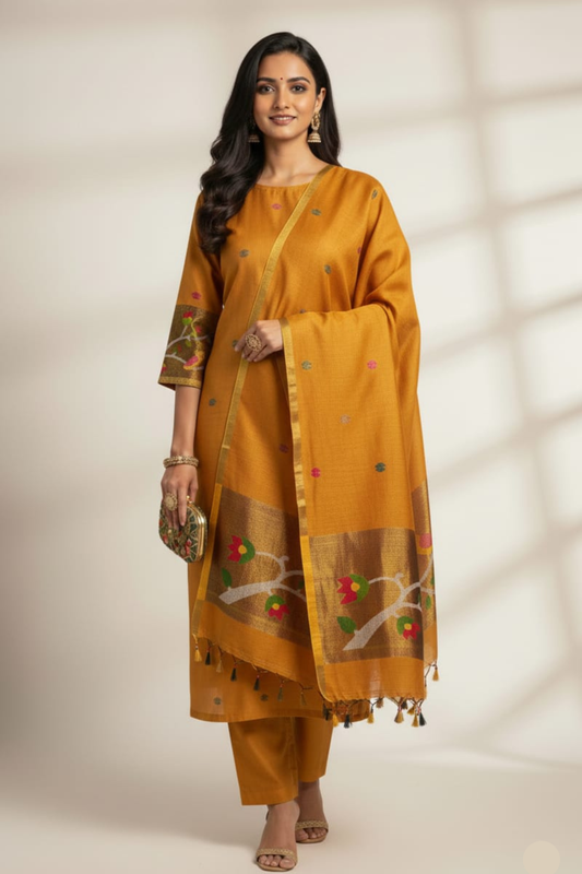 Mustard Silk Blend Kurta Set with Floral Woven Dupatta