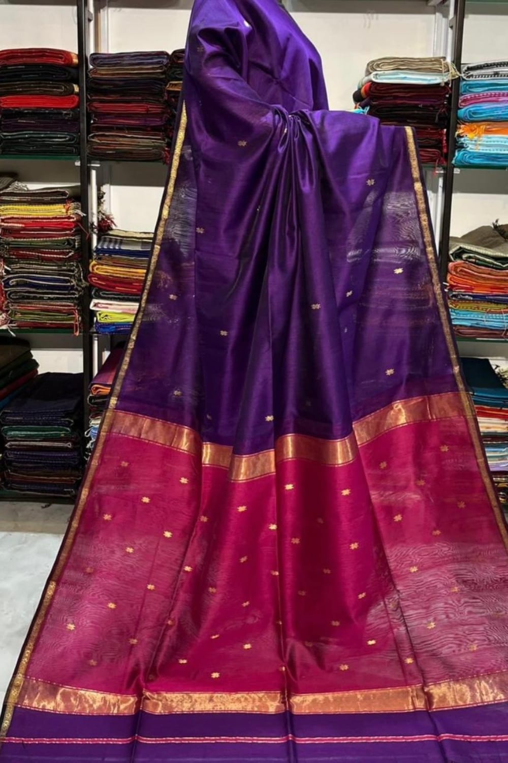 Royal Purple & Rani Pink Silk Saree with Golden Zari Border | Traditional Festive Wear Saree for Women