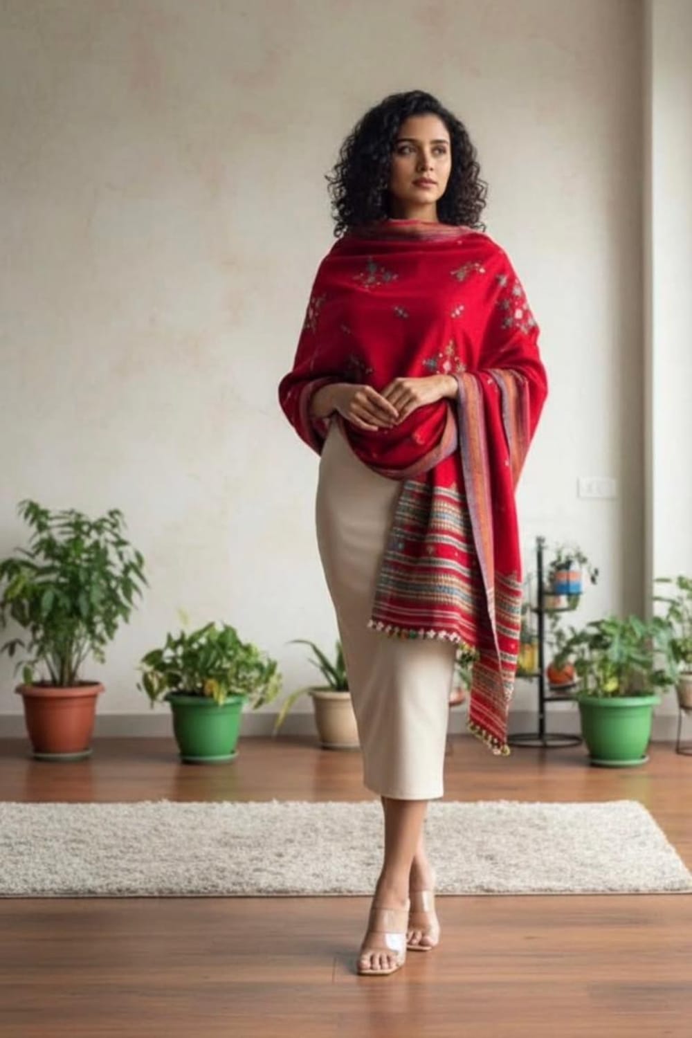 Elegant Red Embroidered Ethnic Shawl with Woven Border | Premium Festive Dupatta for Women