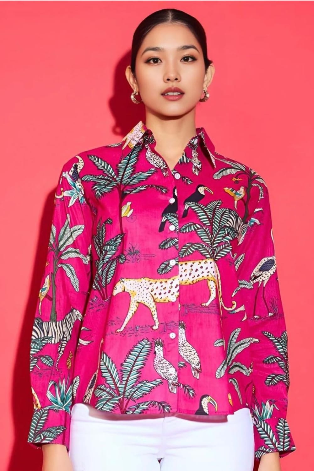 Bold Pink Tropical Printed Women’s Shirt | Premium Animal & Jungle Print Casual Top