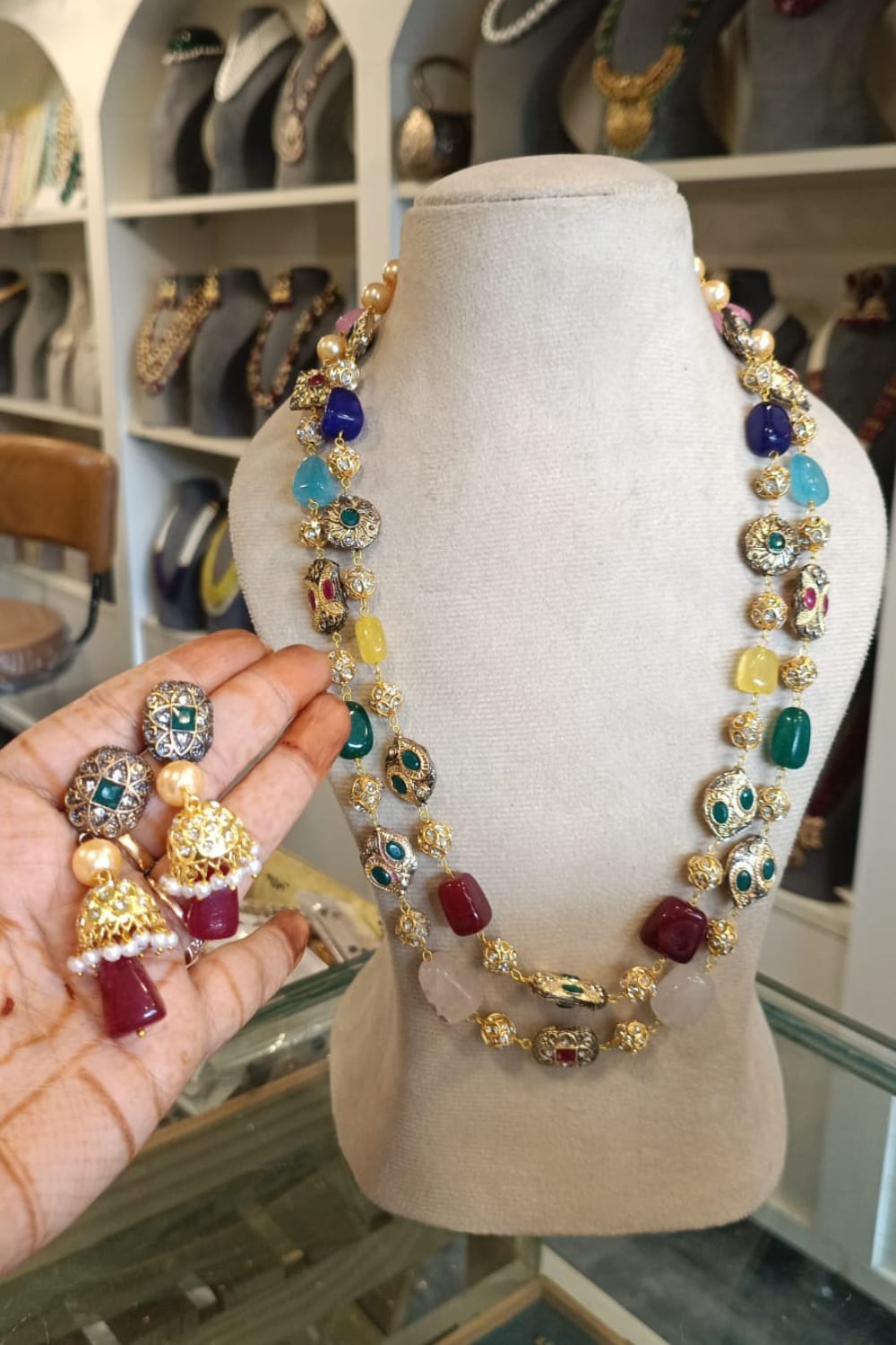 Multicolor Stone Long Necklace Set with Jhumka Earrings – Royal Ethnic Jewelry