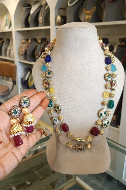 Multicolor Stone Long Necklace Set with Jhumka Earrings – Royal Ethnic Jewelry