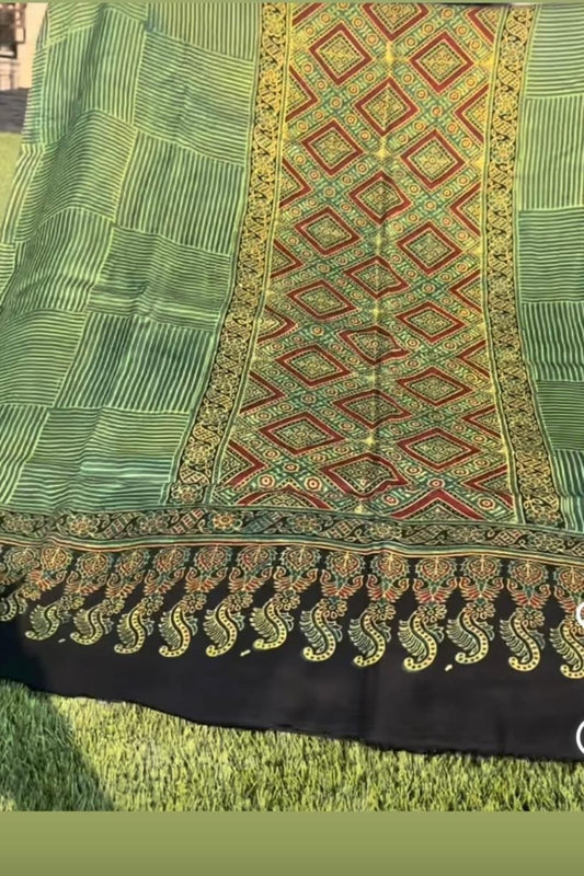 Elegant Green Printed Saree with Traditional Border & Designer Pallu