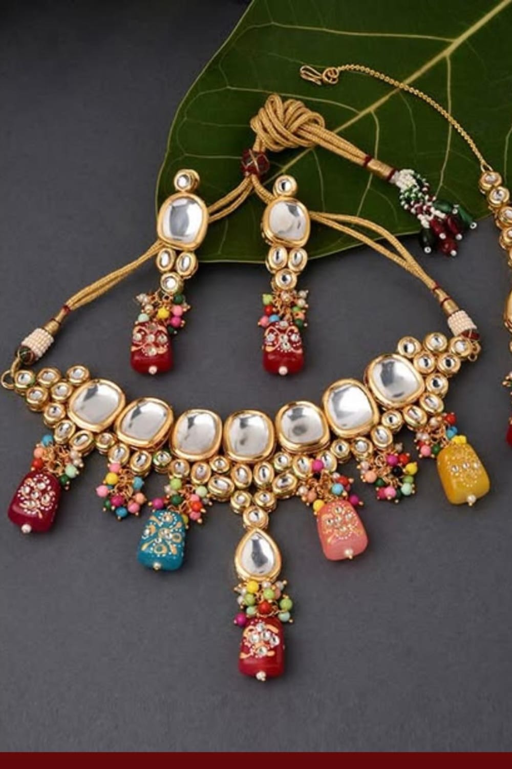 Royal Kundan Choker Necklace Set with Multicolor Beaded Drops