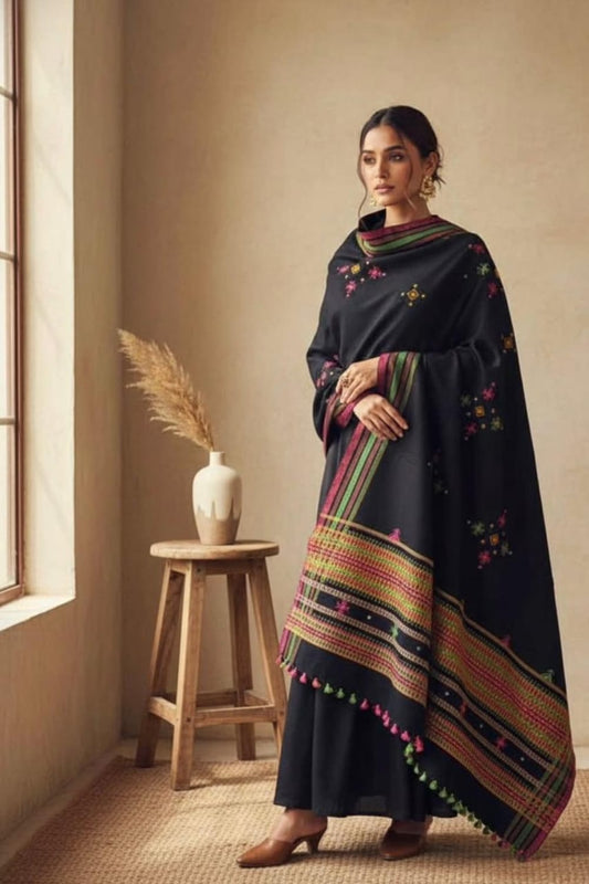 Elegant Black Embroidered Shawl Suit with Multicolor Border
