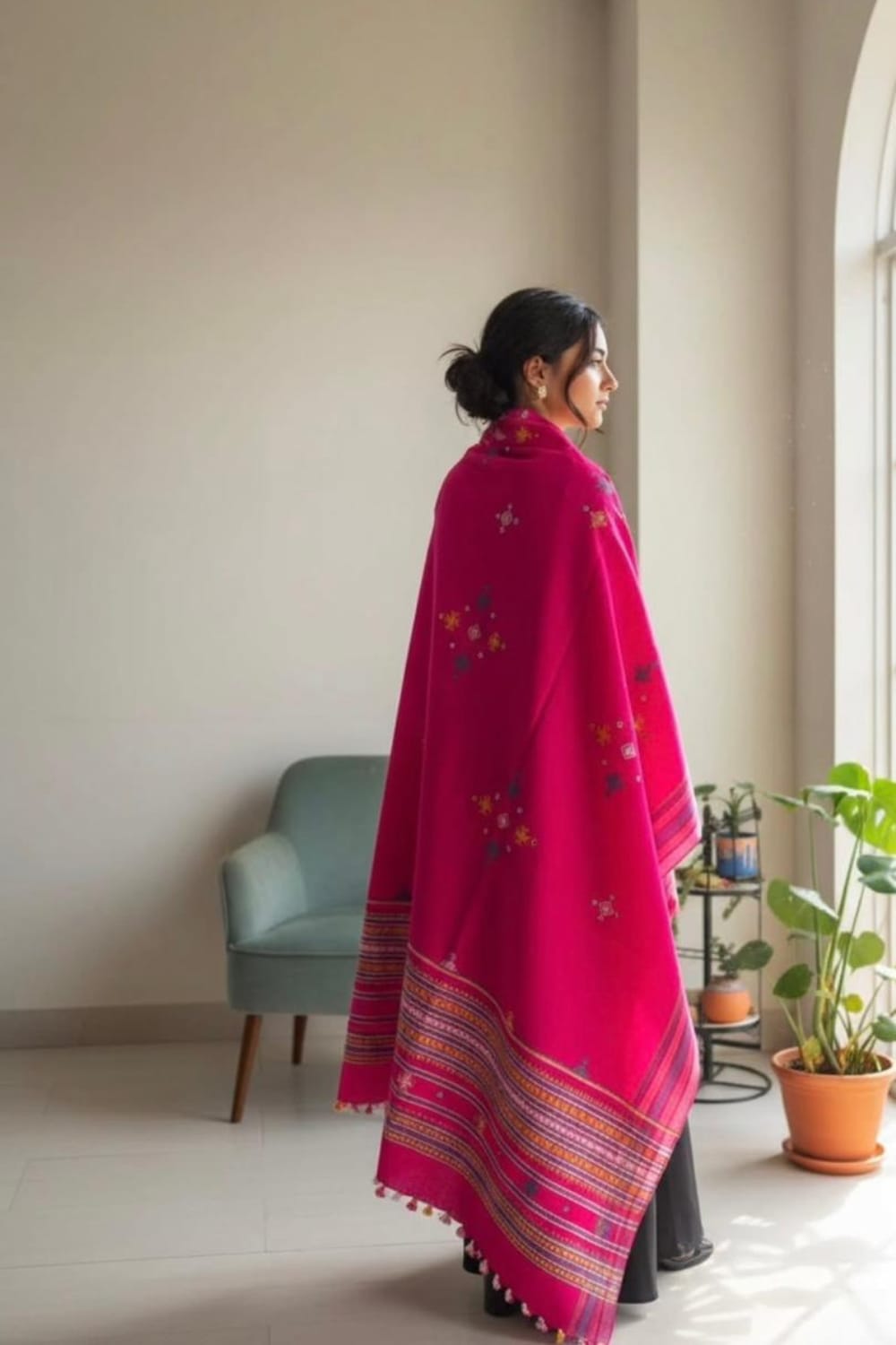 Royal Pink Embroidered Winter Shawl with Designer Border