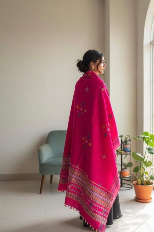 Royal Pink Embroidered Winter Shawl with Designer Border