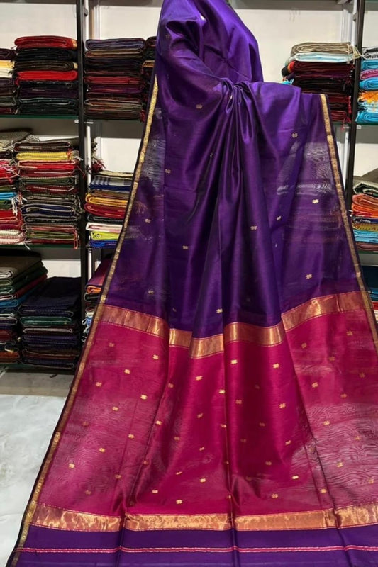 Royal Purple Silk Saree with Contrast Pink Zari Border