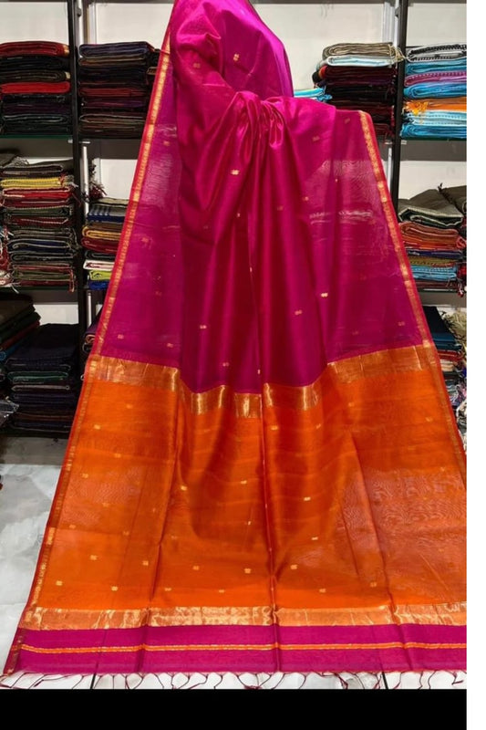 Elegant Pink & Orange Silk Saree with Golden Zari Border